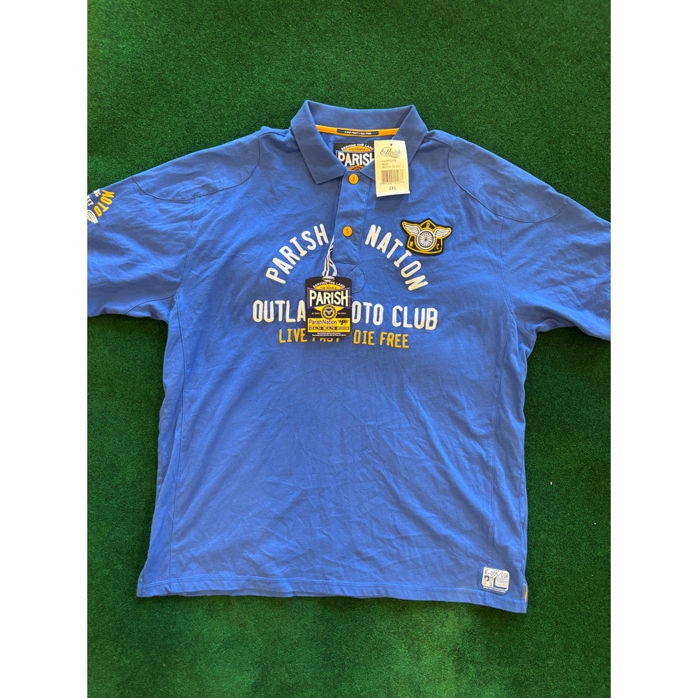 Parish Nation Royal Blue Short Sleeve Polo Shirt Moto Club Graphic Logo Men 2XL